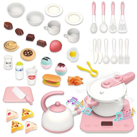 44PCS Pretend Play Kitchen Toys, Play Cooking Set with Induction Cooker, Play Food, Play Dishes Toys Christmas Gift for Girls Boys Kids 3-8 Years