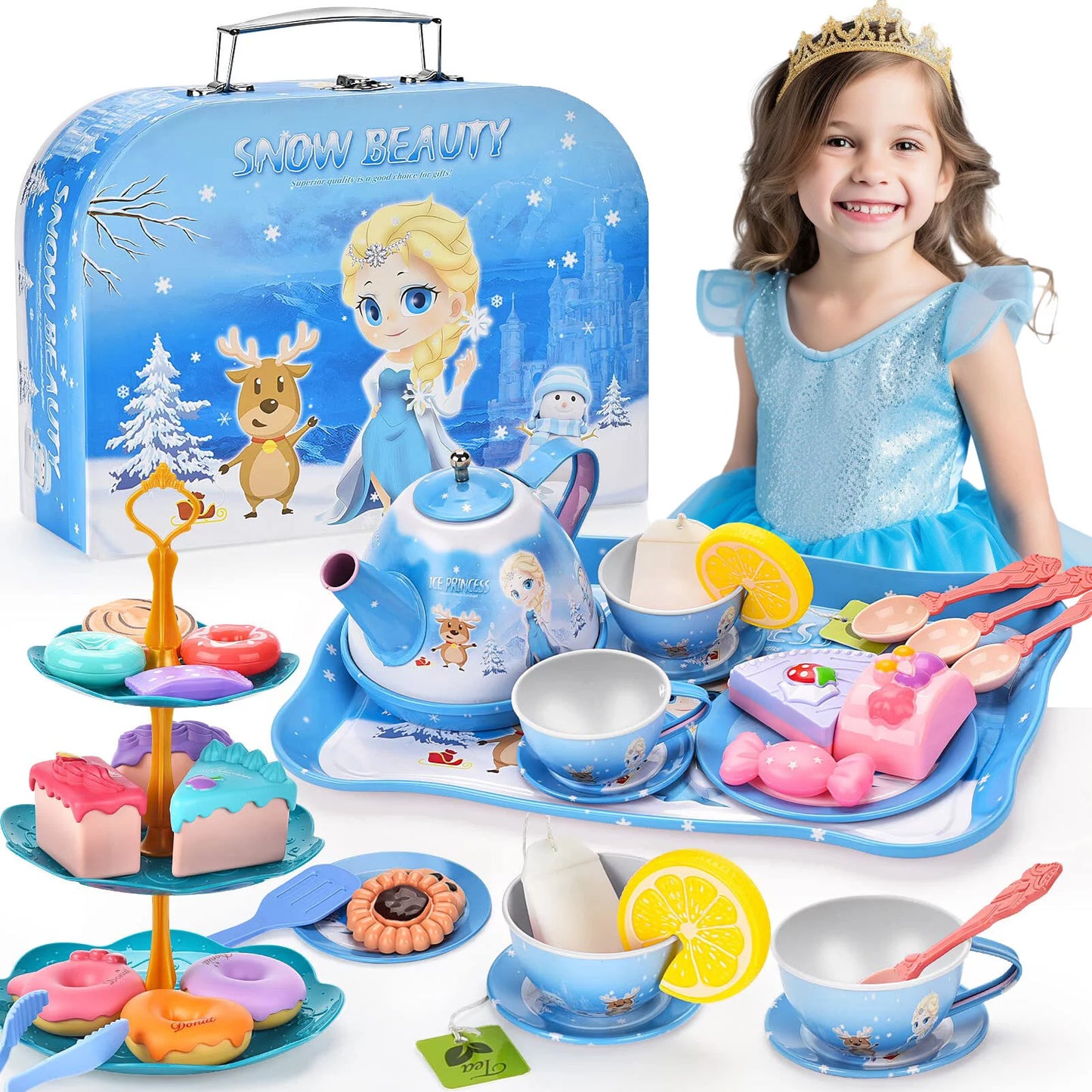 47PCS Frozen Toys for Girls Ages 3 4 5 6+ Years, Princess Tea Party Set for Little Girls Toys, Princess Gift, Kitchen Pretend Play Party, Toddler Girls Christmas Birthday Gift.