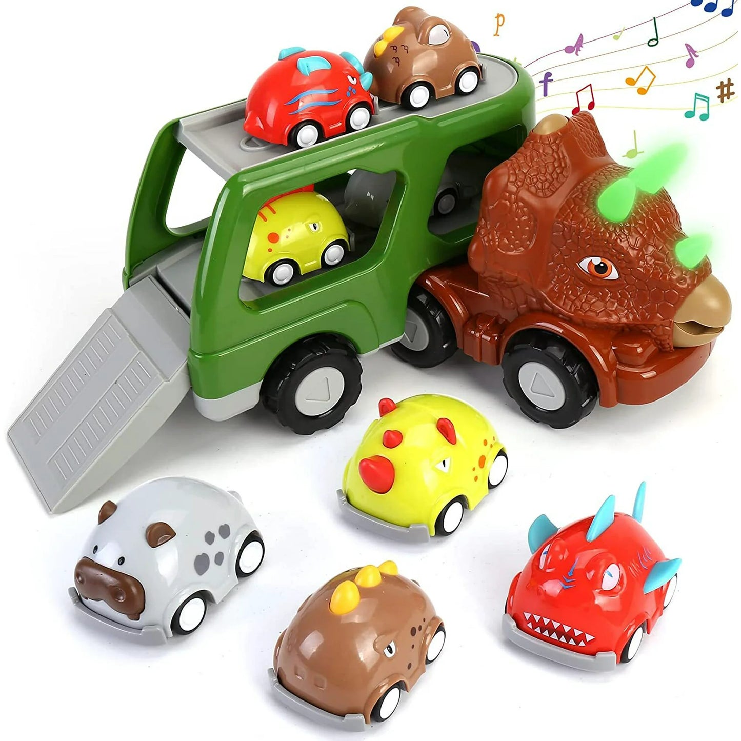 Car Truck for 2 3 4 5 Years Old Boys Girls, with 4 Pack Small Pull Back Dino Car, Transport Carrier Truck Set Christmas Birthday Gift for 18M+ Kids Toddler