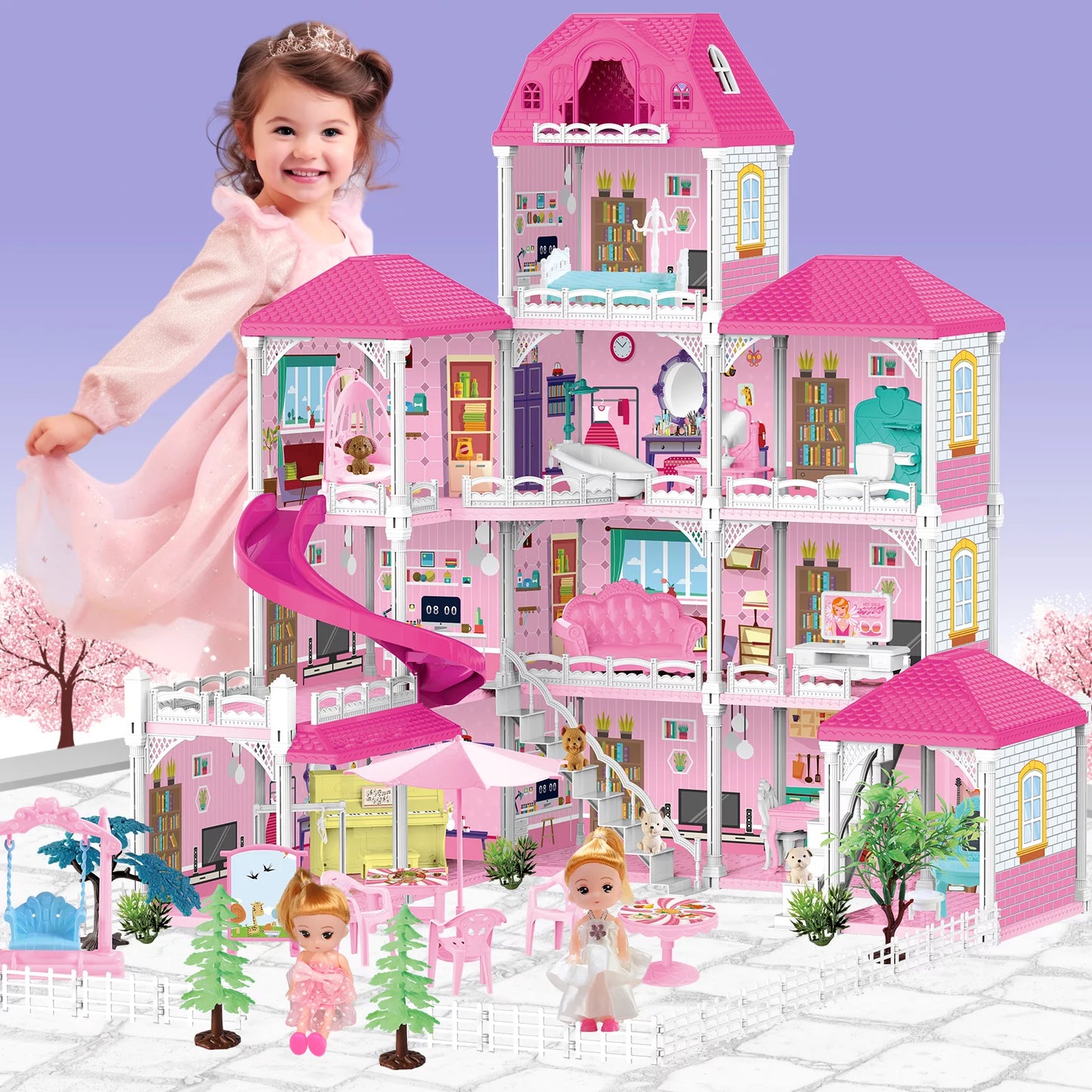 Dollhouse, Doll House Playset for Girls with 4-Story 12 Rooms Playhouse with 2 Dolls Toy Figures, Gift for girls Ages 3 and Up