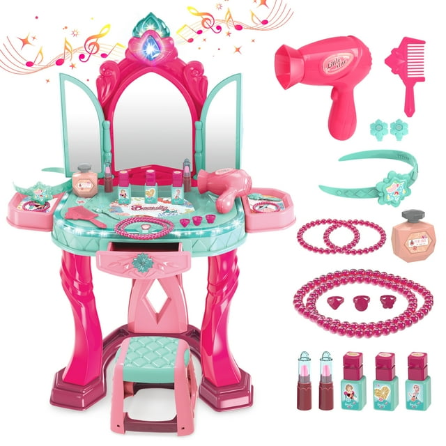 Flooyes Kids Vanity Set with Mirror and Stool, Pretend Play Girls Makeup Vanity Table Set with Light and Sounds, Toy Gift for Toddlers Girls 3 4 5 6 Years Old