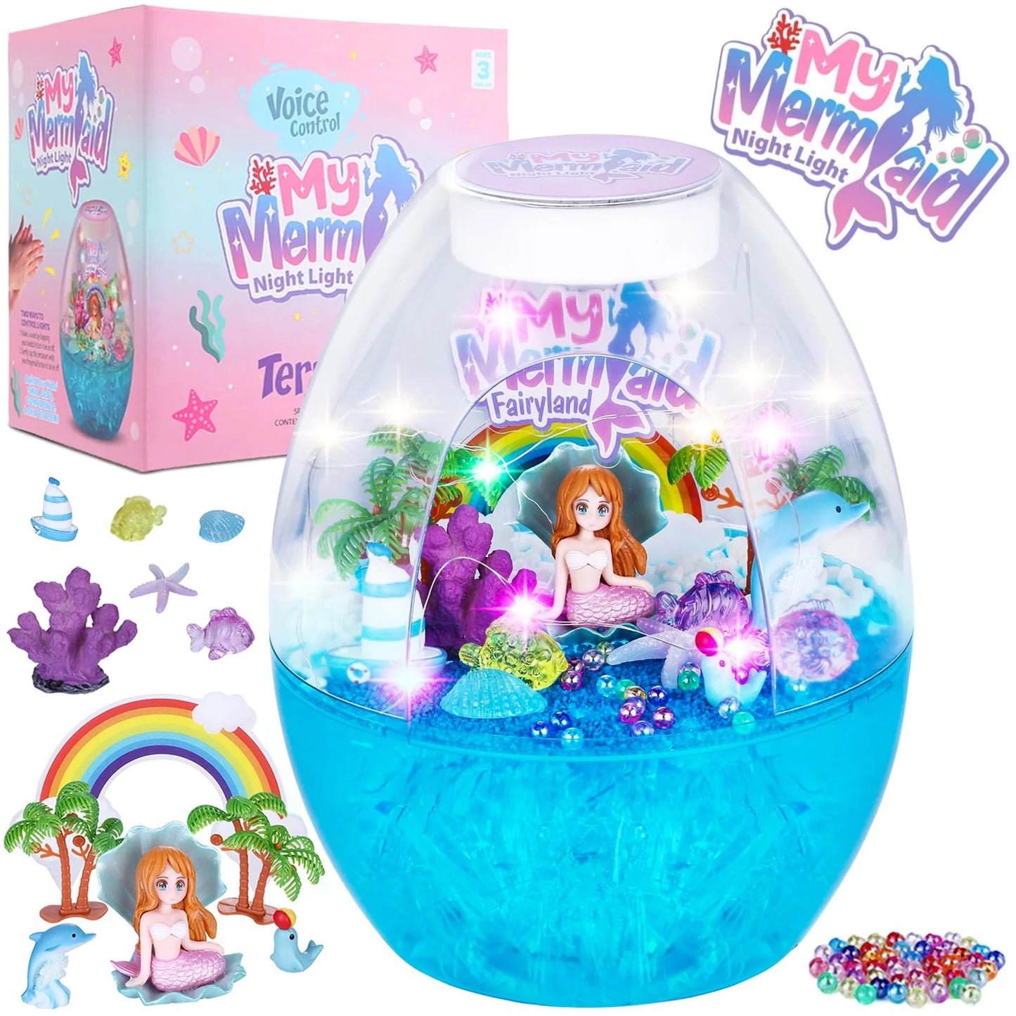 Mermaid Gifts for Girls 3 4 5 6 7+ Years, DIY Mermaid Terrarium Kit for Toddlers Girls, Art& Crafts Kit, Voice Control LED Night Light Birthday Christmas Gift for Kids Ages 3-12.