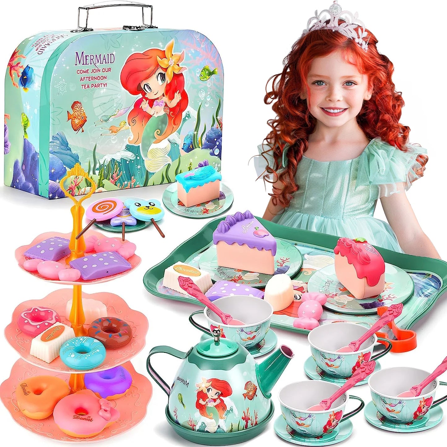 Mermaid Tea Party Set for Kids, Pretend Play Tea Set, 48 PCS Toy Tea Set Includes Teapot, Cups, Saucers, and Accessories - Perfect Christmas Gifts for Kids Girls Parties Role-Playing Games