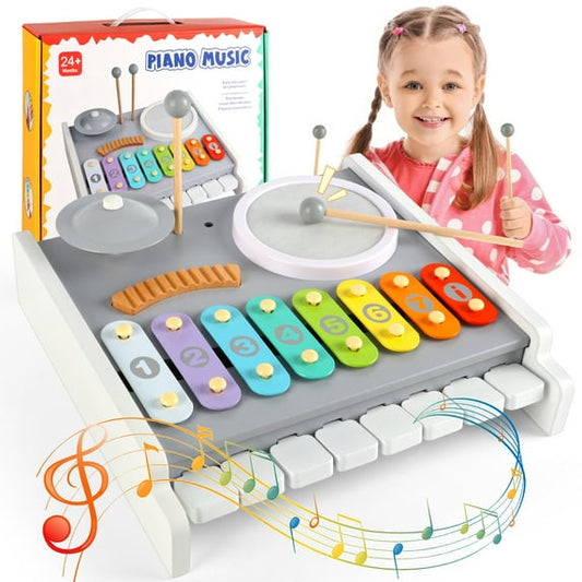 Flooyes Kids Drum Set Musical Instruments Toys, 5-in-1 Montessori Toys for Toddlers Babies, Wooden Piano Keyboard Xylophone, Educational Toys Birthday Gift