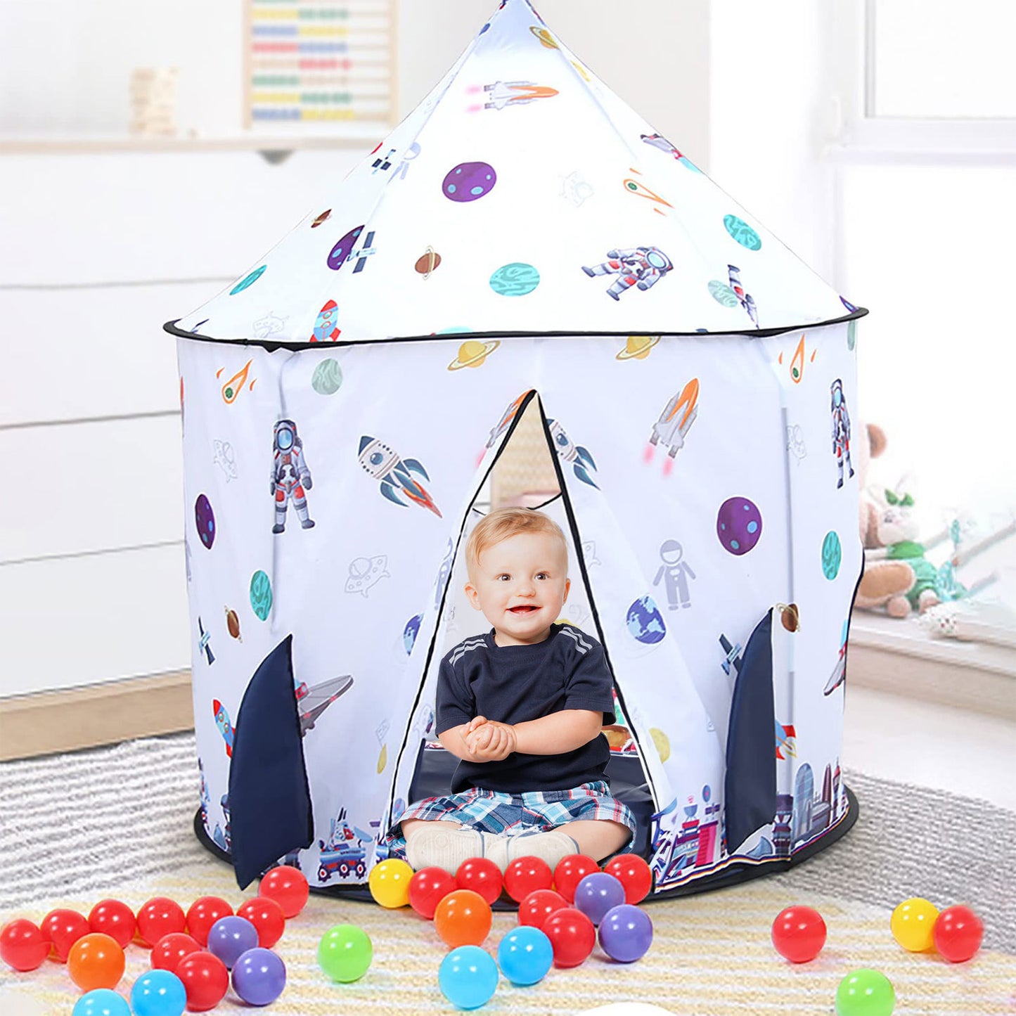 Play Tent for Kids Toddlers- Foldable Indoor & Outdoor Large Playhouse, Astronaut Space Rocket Pattern, Birthday Chritmas Gift for Boys Girls Age 3-8