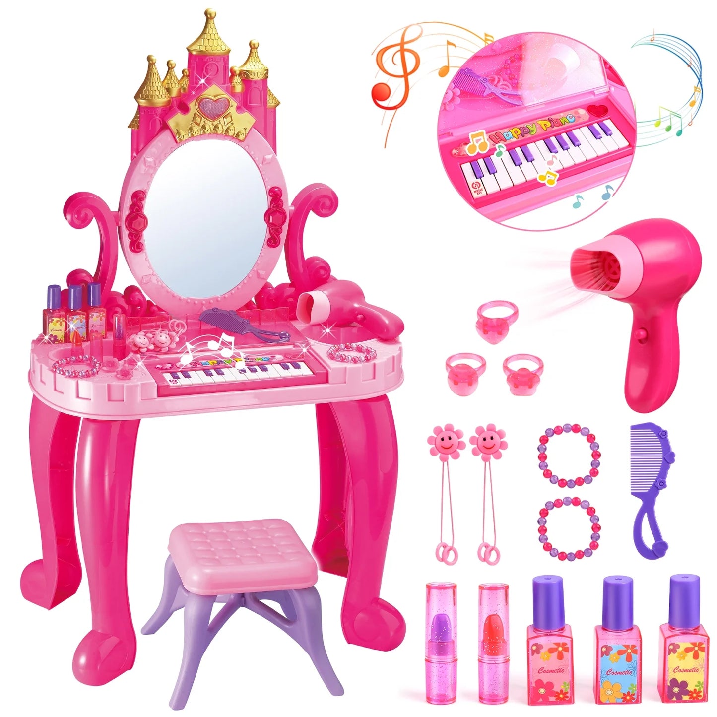 Pretend Play Toys for Girls Toddlers, 13-key Piano Vanity Princess Toy Birthday Gift for Girl Kids Ages 3 4 5 6 Years.