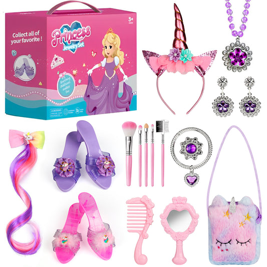 Unicorn Princess Dresses Up Toy, Princess Toy Set for Toddlers with Handbag and jewelry, Birthday Gift For 3 4 5 6 Year Old Girls