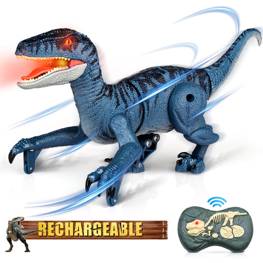 RC Dinosaurs Toys for Boys Age 4-7 8-12, Velociraptor Blue Dinosaur, Multifunction RC Robot Dinosaur Toys w/ 3D Eye ED Light, Roaring&Tail Wagging, Christmas Gift for Boys 3 4 5 6+