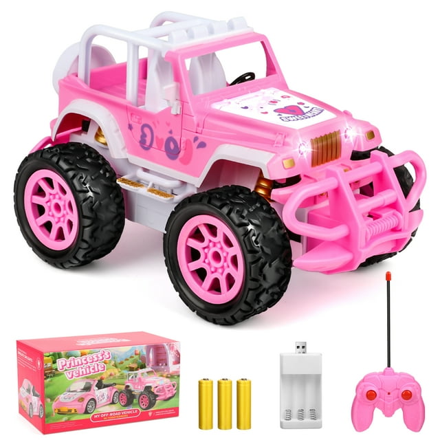 Flooyes Remote Control Car for Girls, Pink RC Car, 2.4Ghz All Terrain Off-Road RC Truck with Rechargeable Battery, Girl Toys Birthday Christmas Gifts for 3 4 5 6 7 8 Years Old Kids