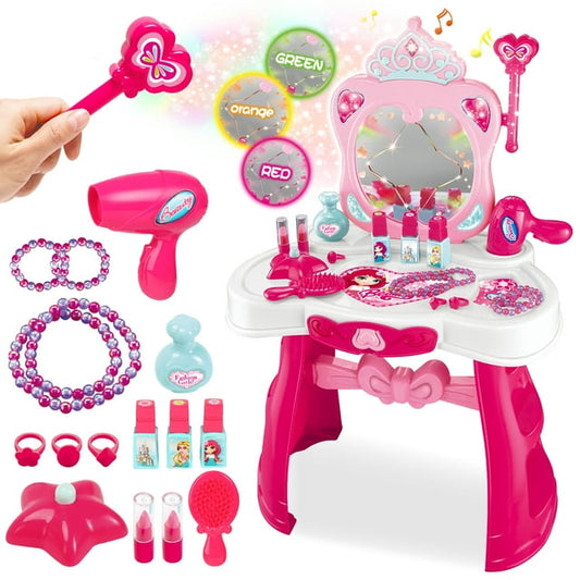 Flooyes Kids Vanity Set with Light and Sounds, Pretend Play Girls Makeup Vanity Table Set with Mirror & Magic Wand, Toy Gift for Toddlers Girls 3 4 5 6 Years Old