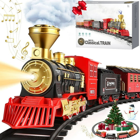 Flooyes Train Set for Boys Girls, Classic Train Toys with Smoke, Light & Sound,Under the Christmas Tree Toy Train Set, Christmas Birthday Gift for Kids 3+ Years Old