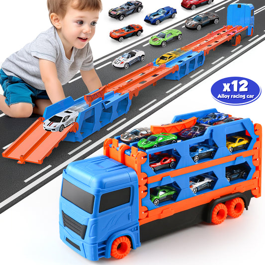 Toy Trucks Cars for Toddlers, Transport Carrier Truck Race Track Set for Boys Kids, with 12 Die-Cast Metal Toy Cars, Kids Toys Set for 2 3 4 5 6 Years Old (Blue)