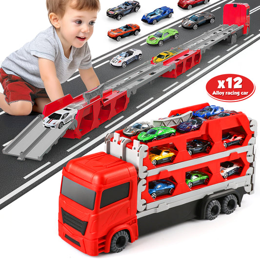 Carrier Truck Toys for Kids, Transport Race Trucks Set, W/ Deform Folding Track & 12 Race Cars, Toys for 3-8 Years Old Toddler Car Set Gifts for Boys and Girls(Red)