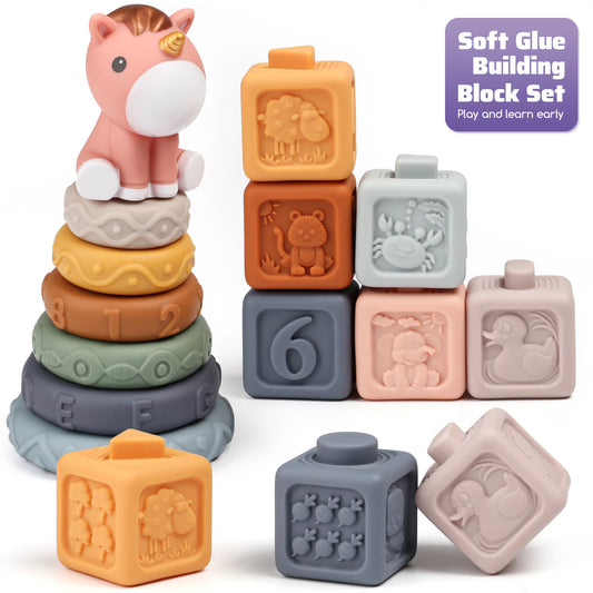 Unicorn Soft Stacking Rings&Blocks for Toddlers, Learning Montessori Baby & Toddler Bath/Teething Toys for Toddlers 0 6 12 18+ Months(13PCS).