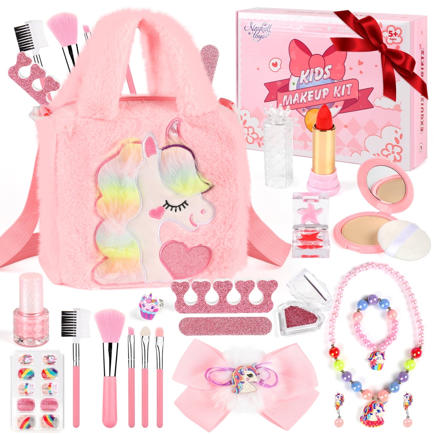 Flooyes Girls Unicorn Makeup Kit/Set with Makeup Bag, Little Girls Real Washable Makeup Kit for Kids 4-8-12 Toys, Pretend Play Princess Christmas/Birthday Gift for Kids Toddlers 3-6+ Years（Pink)