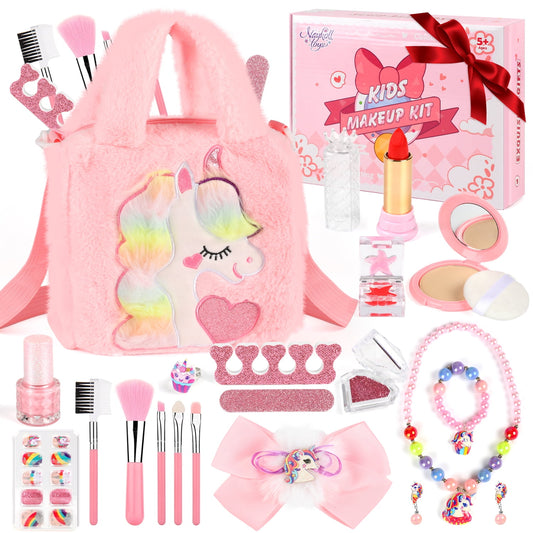 Flooyes Girls Unicorn Makeup Kit/Set with Makeup Bag, Little Girls Real Washable Makeup Kit for Kids 4-8-12 Toys, Pretend Play Princess Christmas/Birthday Gift for Kids Toddlers 3-6+ Years（Pink)