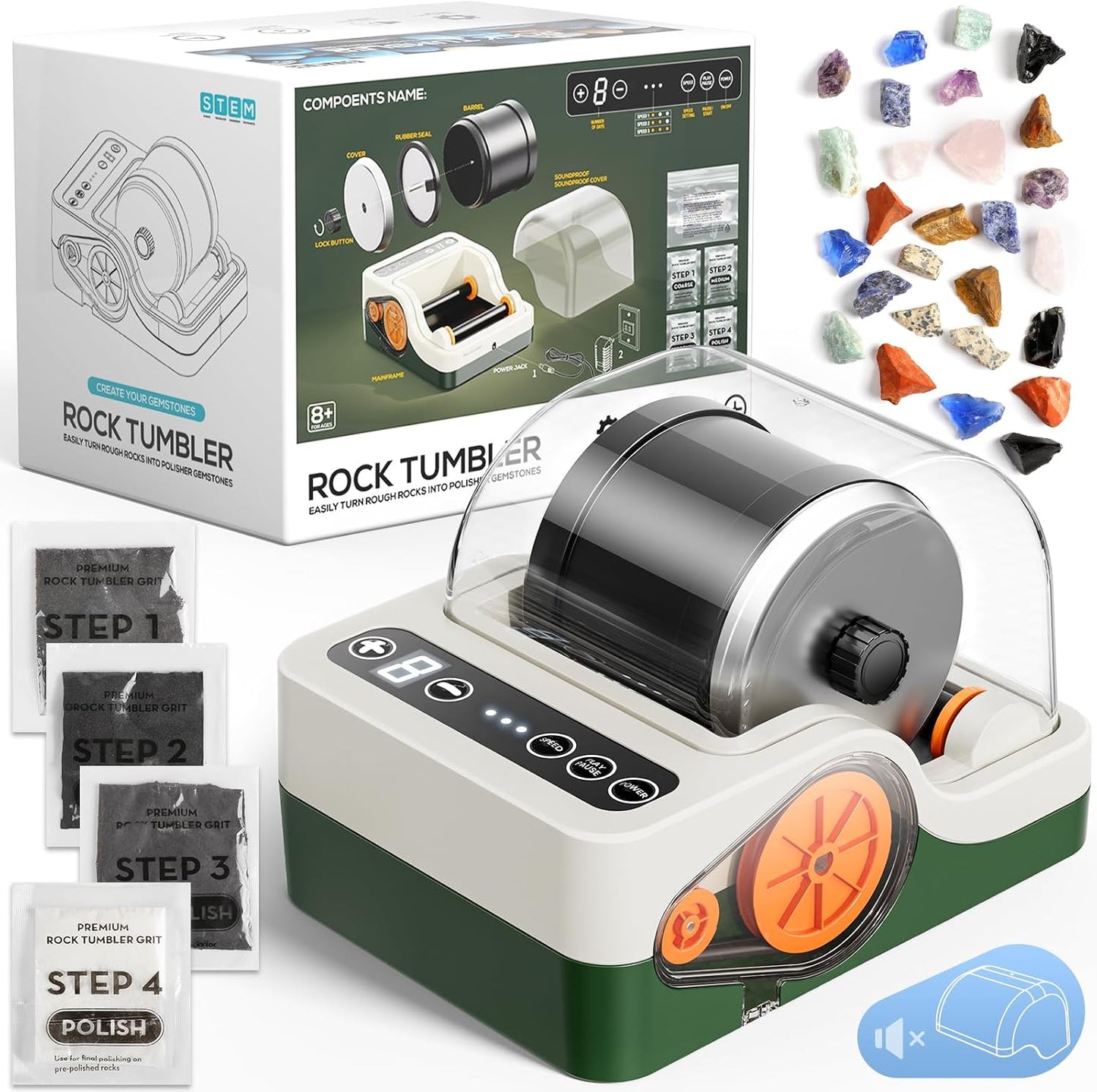 Flooyes Ultra Quiet Rock Tumbler Kit, STEM Science Kit for Kids, Adults Noise Reduction Cover, 3 Speed Settings, 9 Day Timer, Polishing Supplies, STEM Geology Activity, Beginner Friendly, Green