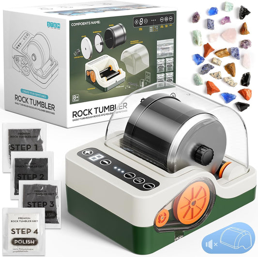 Flooyes Ultra Quiet Rock Tumbler Kit, STEM Science Kit for Kids, Adults Noise Reduction Cover, 3 Speed Settings, 9 Day Timer, Polishing Supplies, STEM Geology Activity, Beginner Friendly, Green