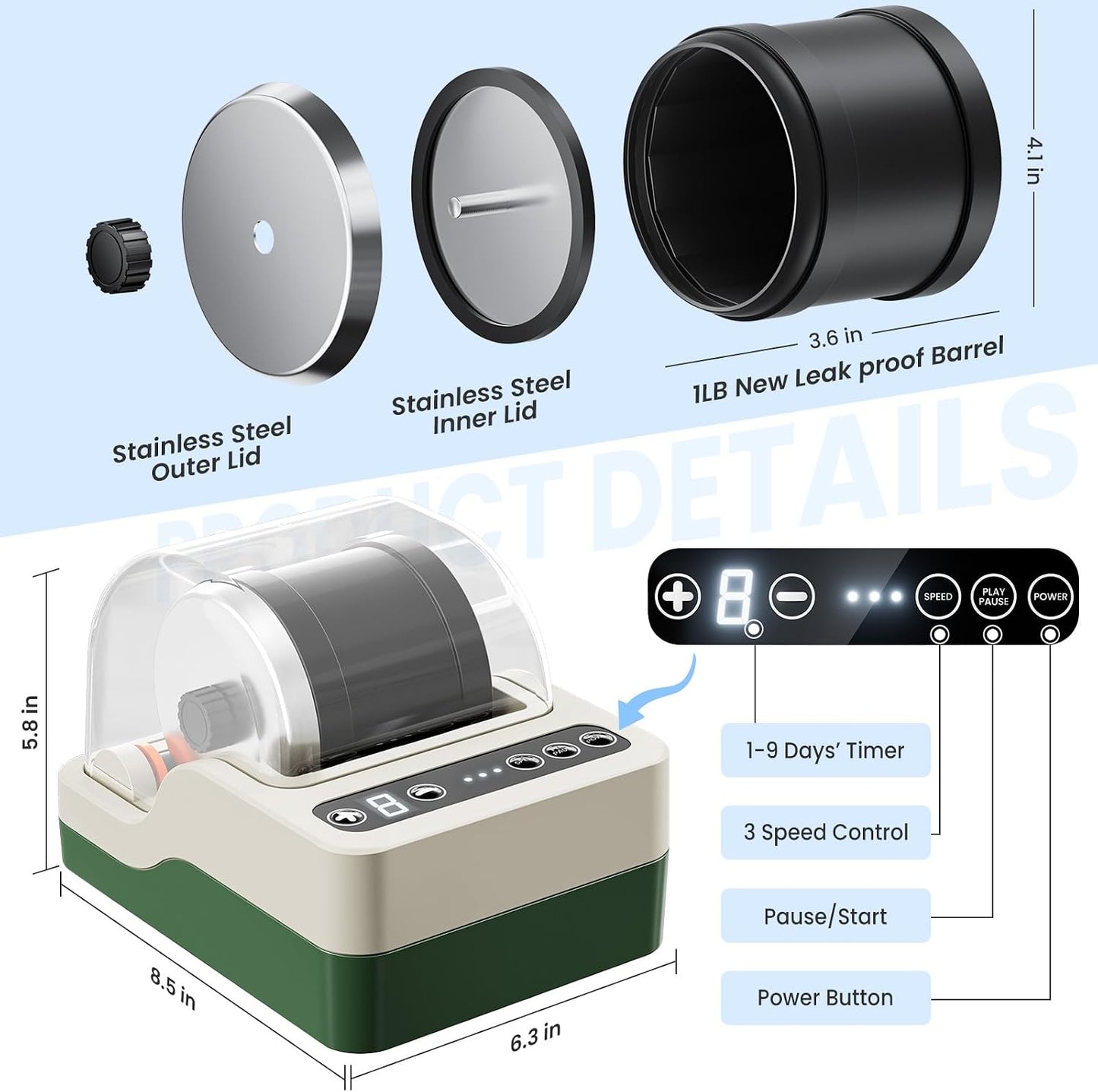 Flooyes Ultra Quiet Rock Tumbler Kit, STEM Science Kit for Kids, Adults Noise Reduction Cover, 3 Speed Settings, 9 Day Timer, Polishing Supplies, STEM Geology Activity, Beginner Friendly, Green