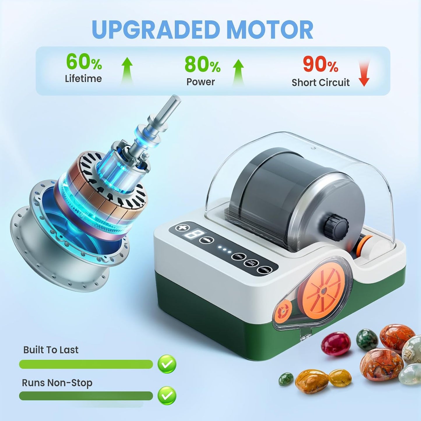 Flooyes Ultra Quiet Rock Tumbler Kit, STEM Science Kit for Kids, Adults Noise Reduction Cover, 3 Speed Settings, 9 Day Timer, Polishing Supplies, STEM Geology Activity, Beginner Friendly, Green