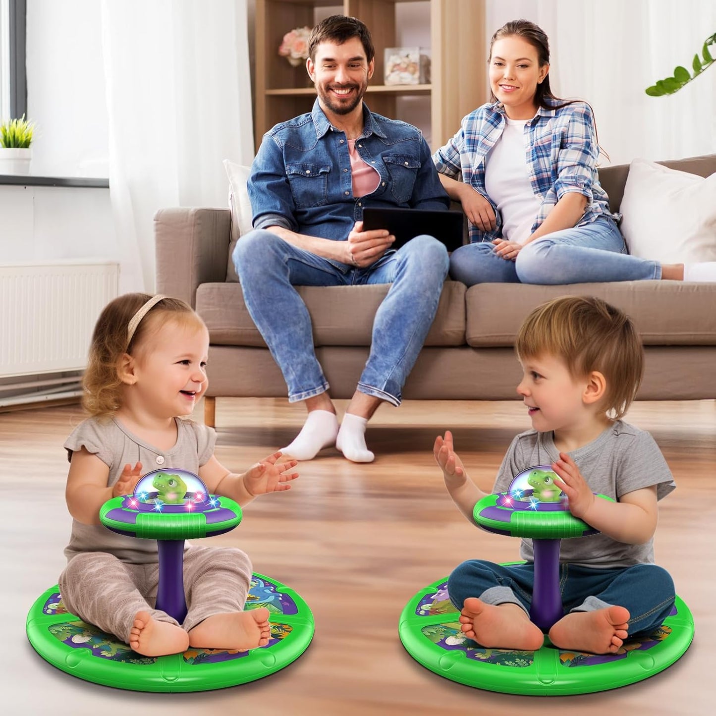 Flooyes Dinosaur Sit and Spin Toys with LED and Music, 360° Spin, Toddler Toys Age Over 18 Months