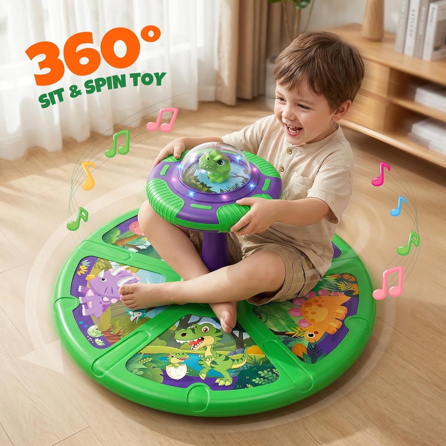 Flooyes Dinosaur Sit and Spin Toy for Toddlers 2-4 360° Toddler Spinning Chair,LED Lights,Indoor Active Play Toy,Christmas Birthday Gifts for Boys and Girls