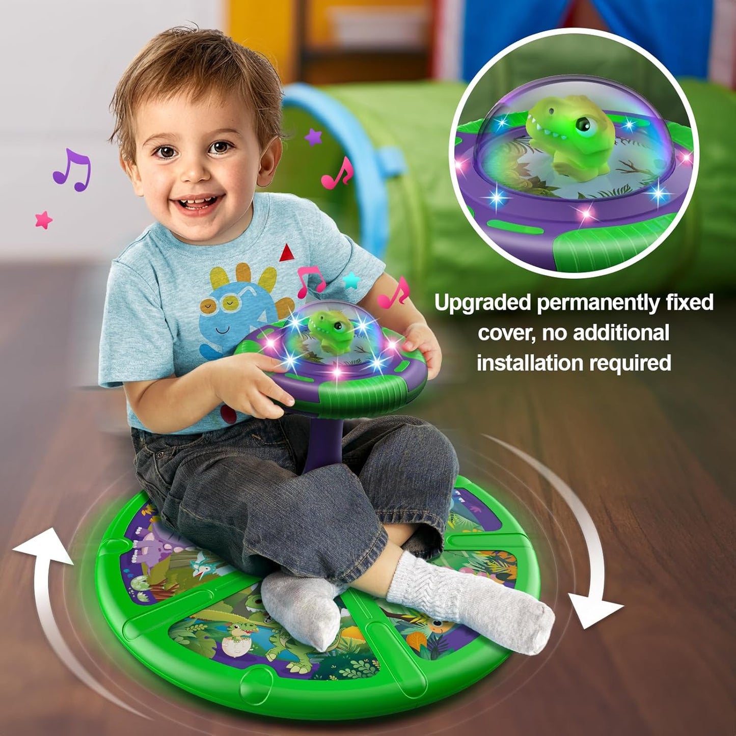 Flooyes Dinosaur Sit and Spin Toys with LED and Music, 360° Spin, Toddler Toys Age Over 18 Months
