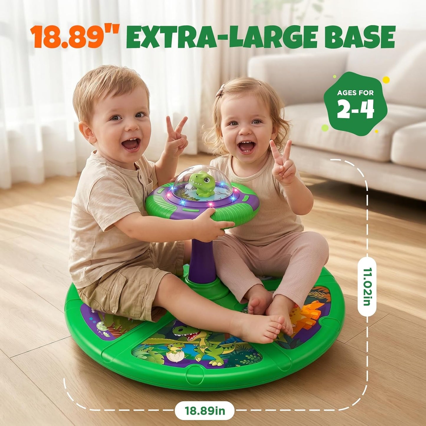 Flooyes Dinosaur Sit and Spin Toy for Toddlers 2-4 360° Toddler Spinning Chair,LED Lights,Indoor Active Play Toy,Christmas Birthday Gifts for Boys and Girls