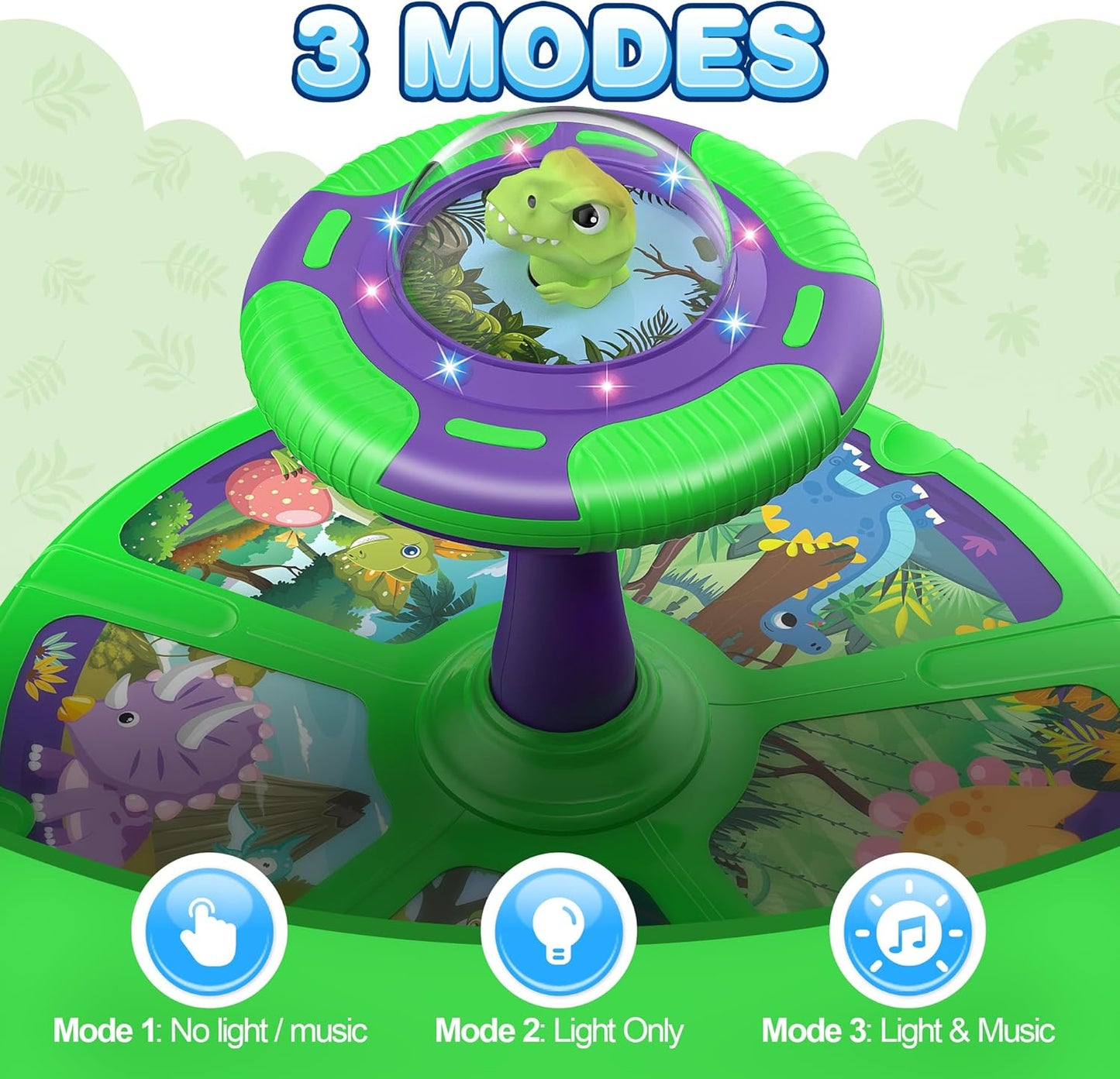 Flooyes Dinosaur Sit and Spin Toys with LED and Music, 360° Spin, Toddler Toys Age Over 18 Months
