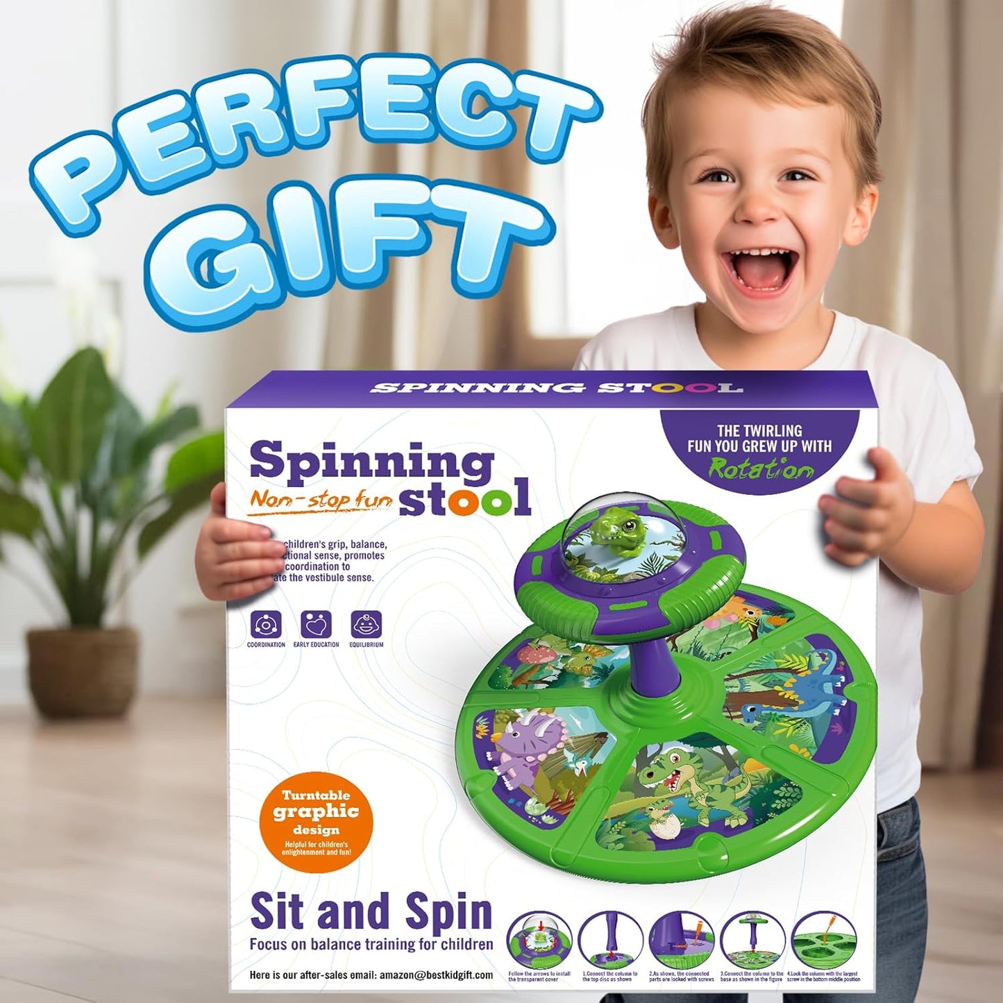 Flooyes Dinosaur Sit and Spin Toys with LED and Music, 360° Spin, Toddler Toys Age Over 18 Months