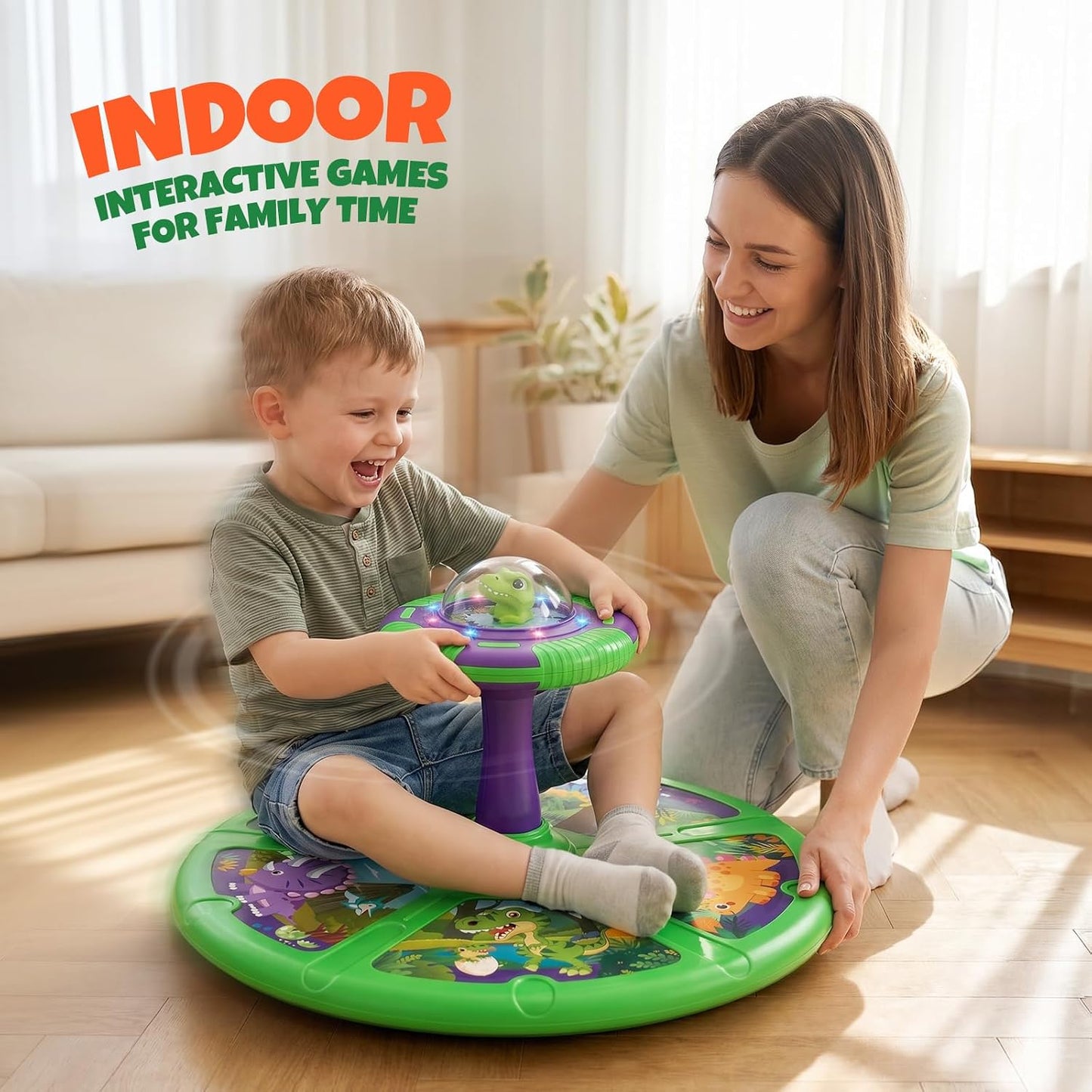 Flooyes Dinosaur Sit and Spin Toy for Toddlers 2-4 360° Toddler Spinning Chair,LED Lights,Indoor Active Play Toy,Christmas Birthday Gifts for Boys and Girls