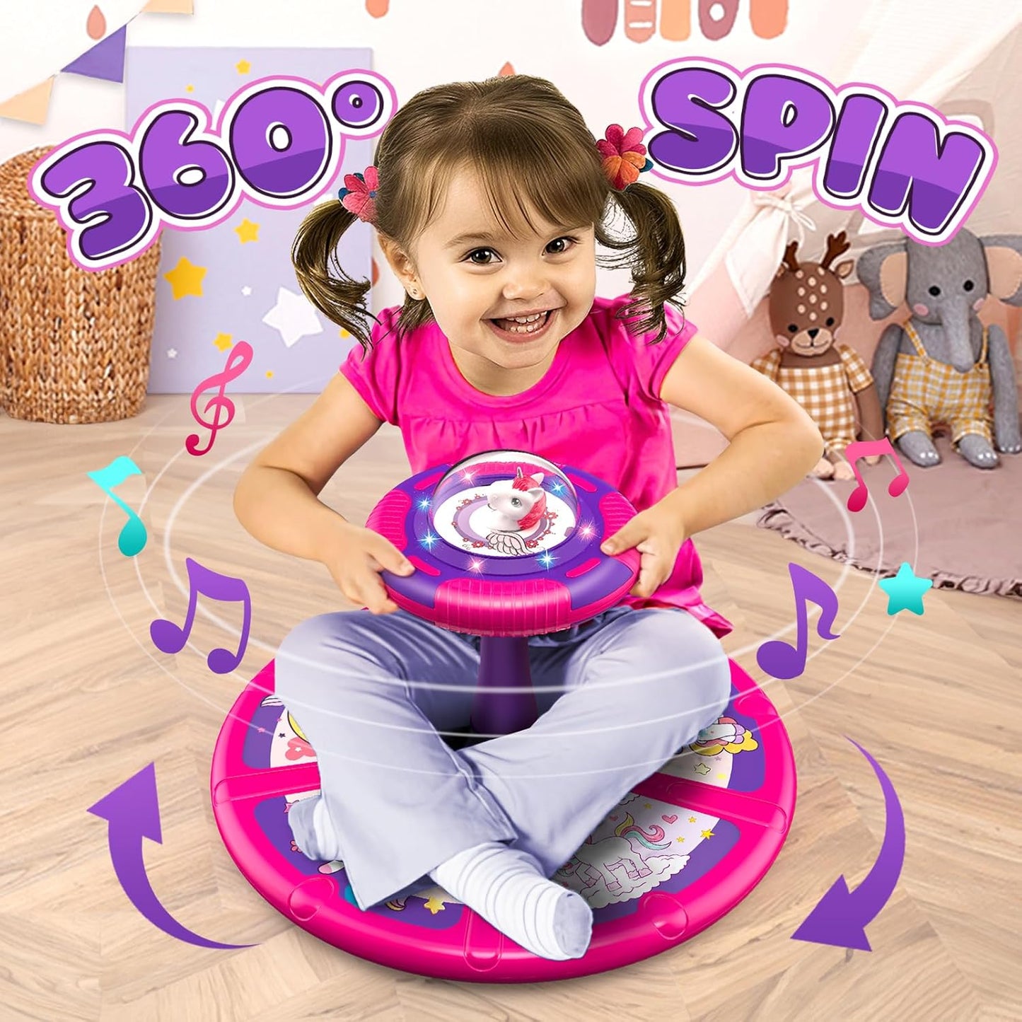 Flooyes Unicorn Sit and Spin Toys with LED and Music, Toddler Toys Age Over 18 Months