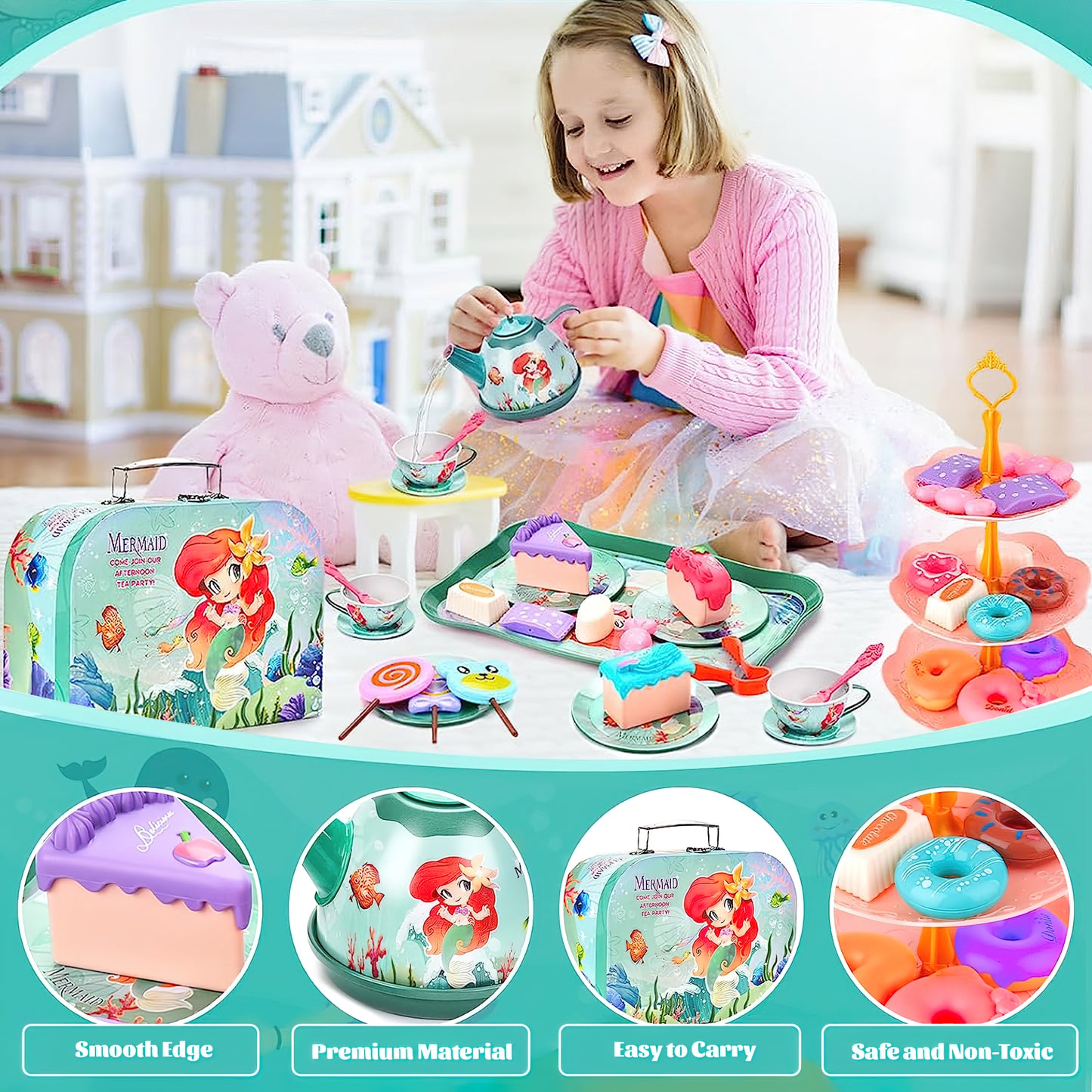 Mermaid Tea Party Set for Kids, Pretend Play Tea Set, 48 PCS Toy Tea Set Includes Teapot, Cups, Saucers, and Accessories - Perfect Christmas Gifts for Kids Girls Parties Role-Playing Games