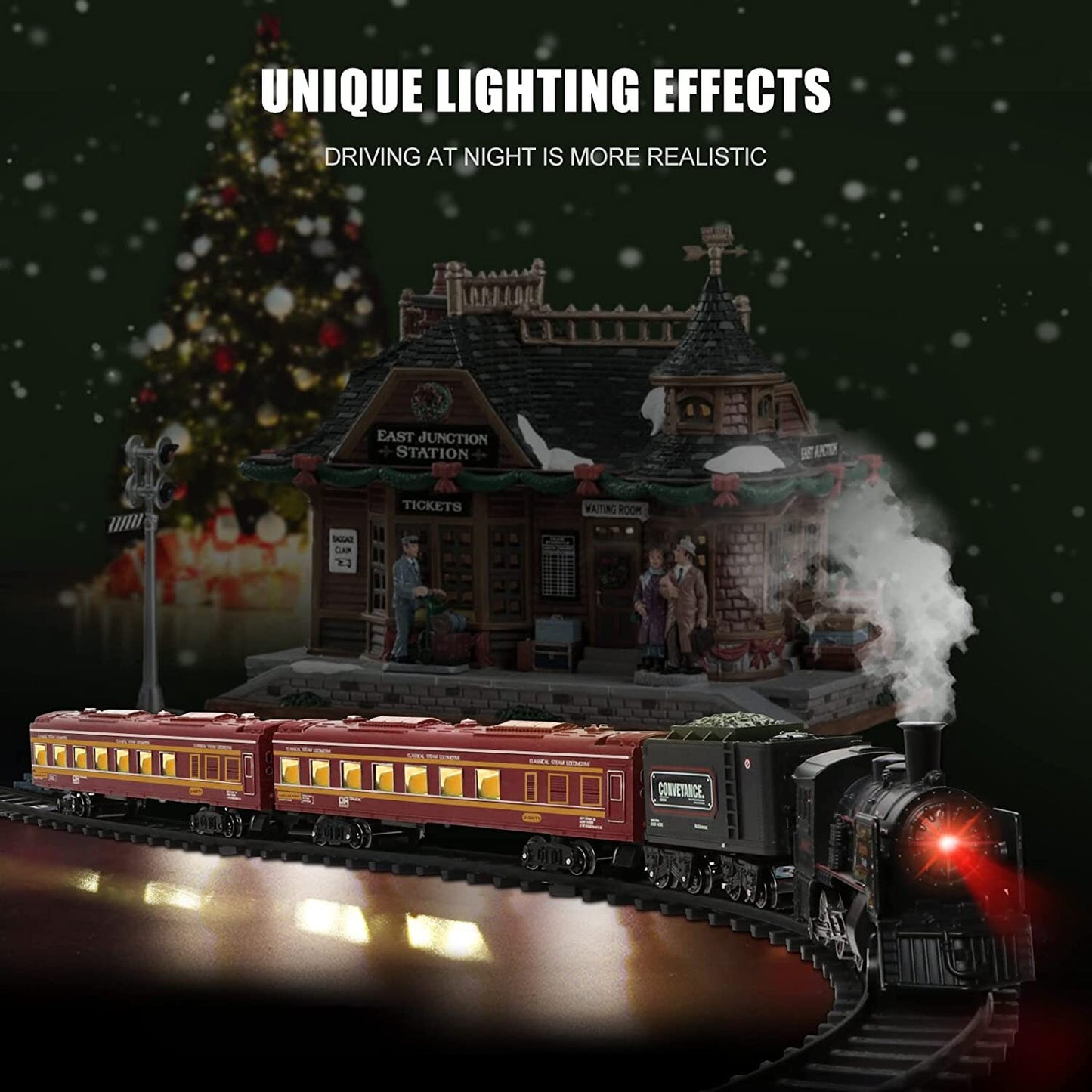 Model Train Set Locomotive for Boys, Metal Alloy Electric Trains w/ Steam, Christmas Train Toys for 3+ Years Old Kids