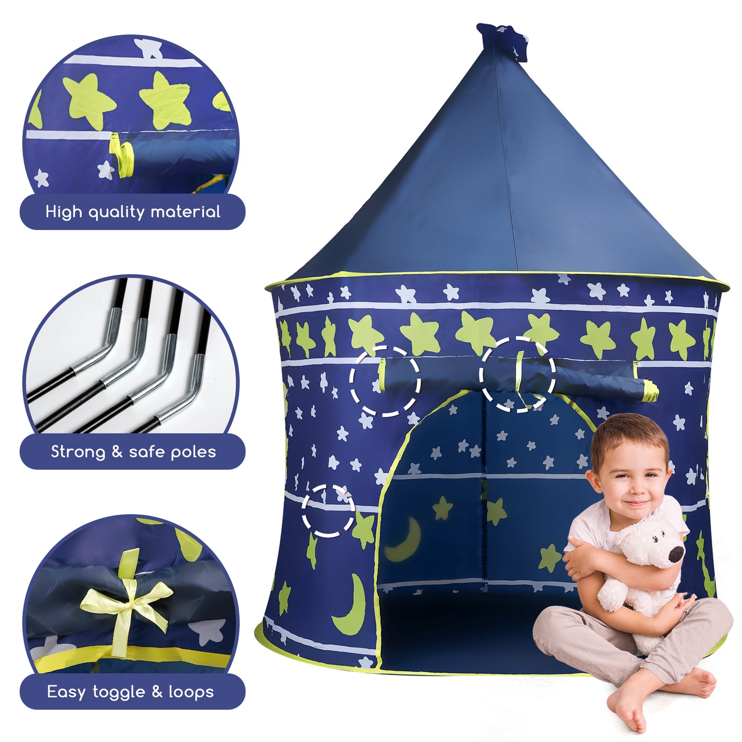 Imaginative Blue Kids Tent, Foldable Into A Carrying Bag, Indoor and Outdoor Play Tent, Birthday Gift for Boys & Girls