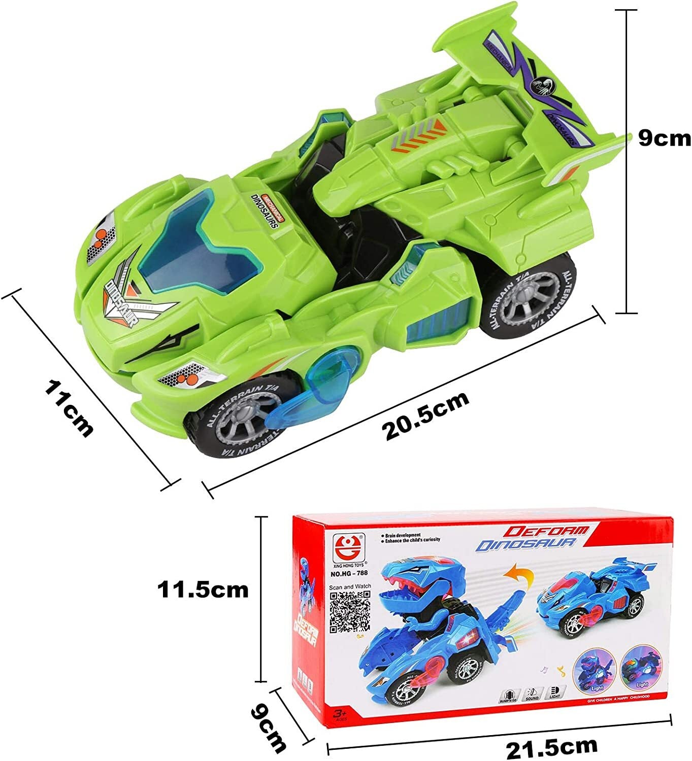 Dinosaur Toys for 3-6 Year Old Boys, Kids Transforming Dinosaur Car with LED Light and Music Gifts for 4-7 Year Old (Green)