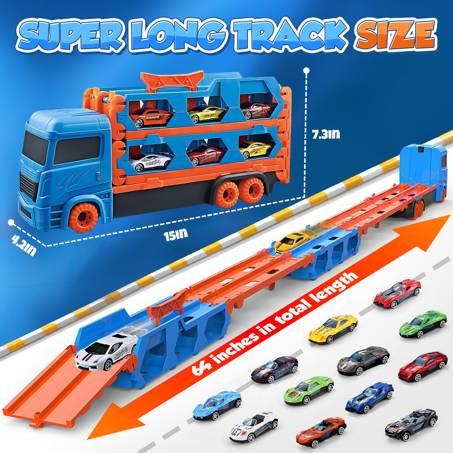 Toy Trucks Cars for Toddlers, Transport Carrier Truck Race Track Set for Boys Kids, with 12 Die-Cast Metal Toy Cars, Kids Toys Set for 2 3 4 5 6 Years Old (Blue)