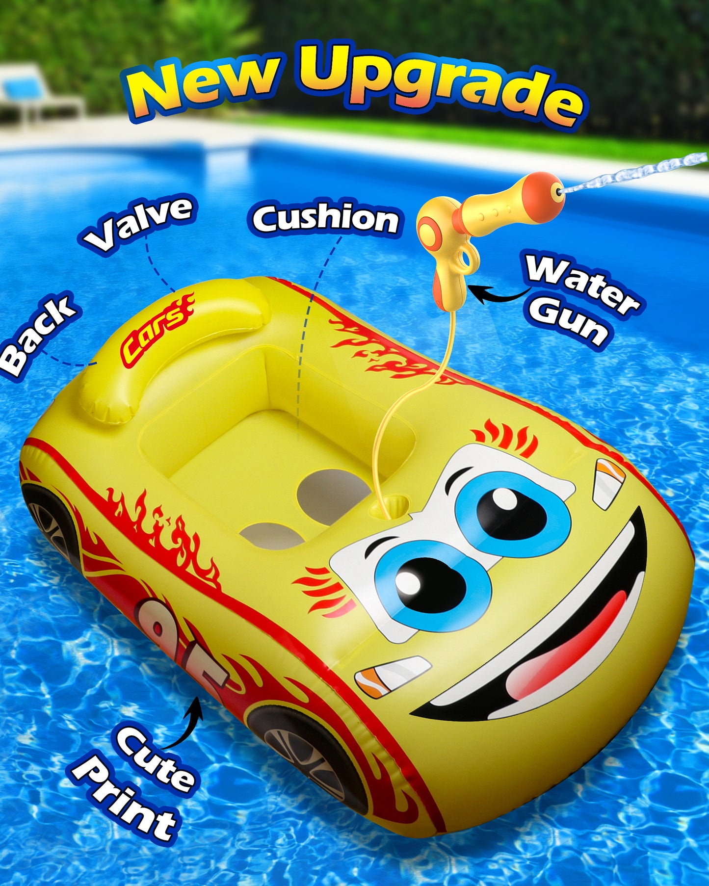 Inflatable Pool Float Kids, Cute Car Boat Floats with Steering Wheel, Summer Toys for Toddler Boys Girls Kids 1-4