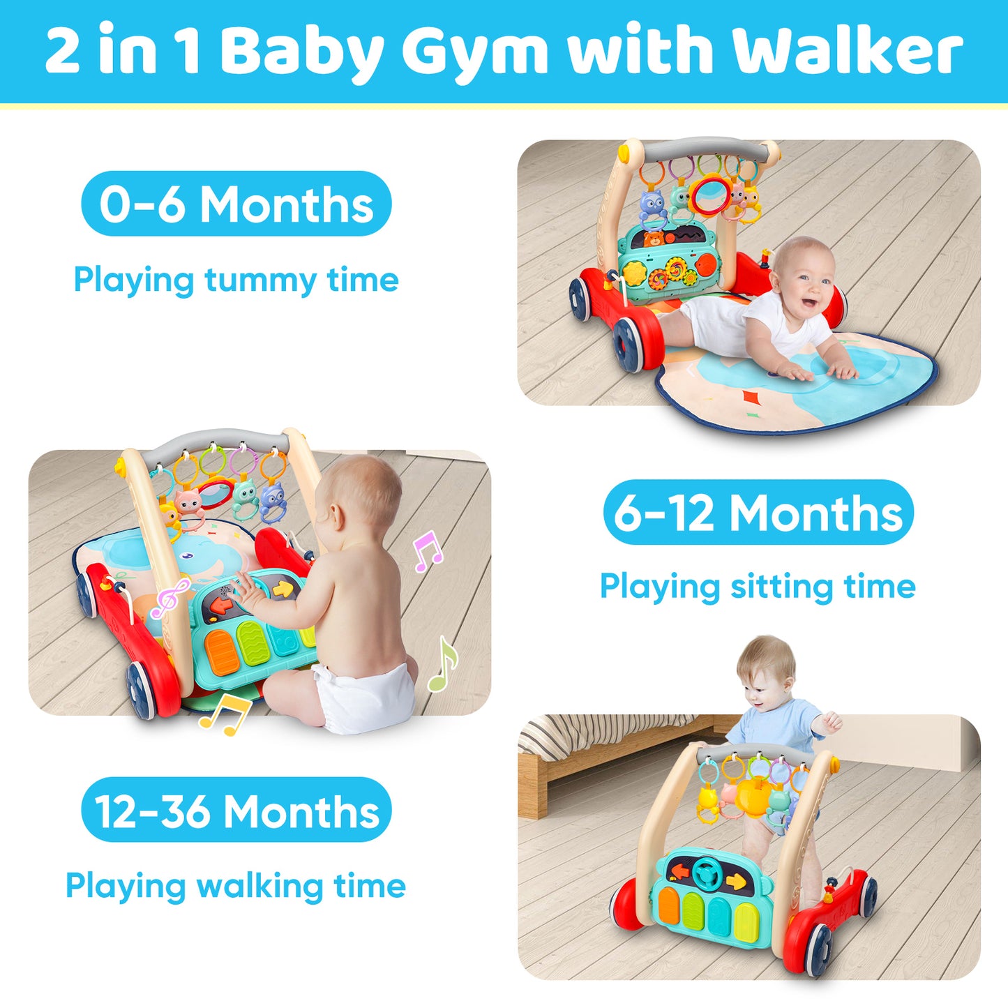 2 in 1 Baby Walker & Play Gym Mat for Boys Girls, Sit to Stand Learning Walker with Musical Piano & Rattles Tummy Time Mat, Babies Floor Activity Push Walker Toys for Infant to Toddler