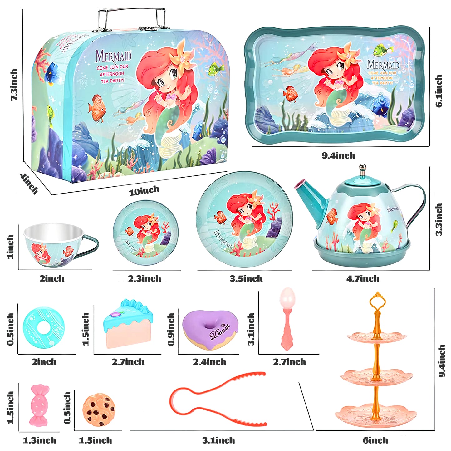 Mermaid Tea Party Set for Kids, Pretend Play Tea Set, 48 PCS Toy Tea Set Includes Teapot, Cups, Saucers, and Accessories - Perfect Christmas Gifts for Kids Girls Parties Role-Playing Games