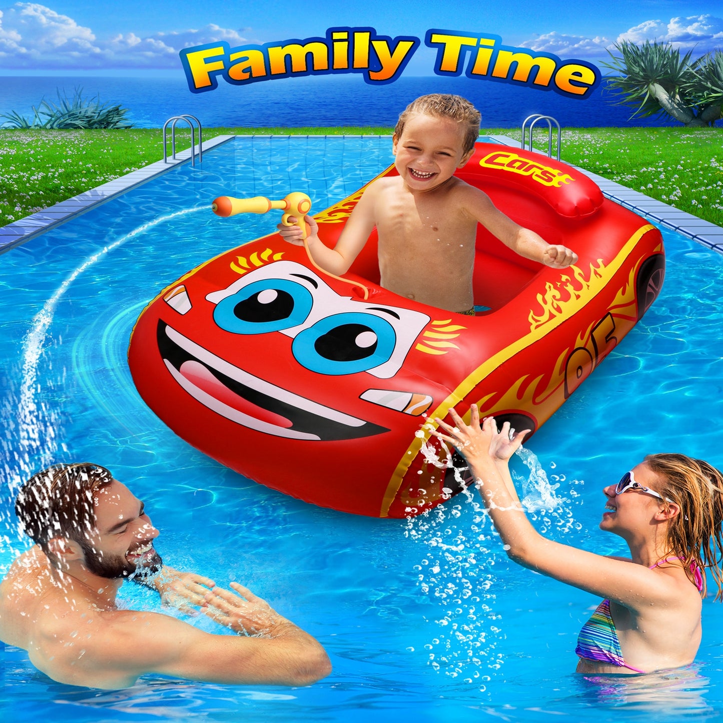 Inflatable Car Pool Float for Kids with Built-in Squirt Gun, Inflatable Ride-on for Children Aged 3-8 Years