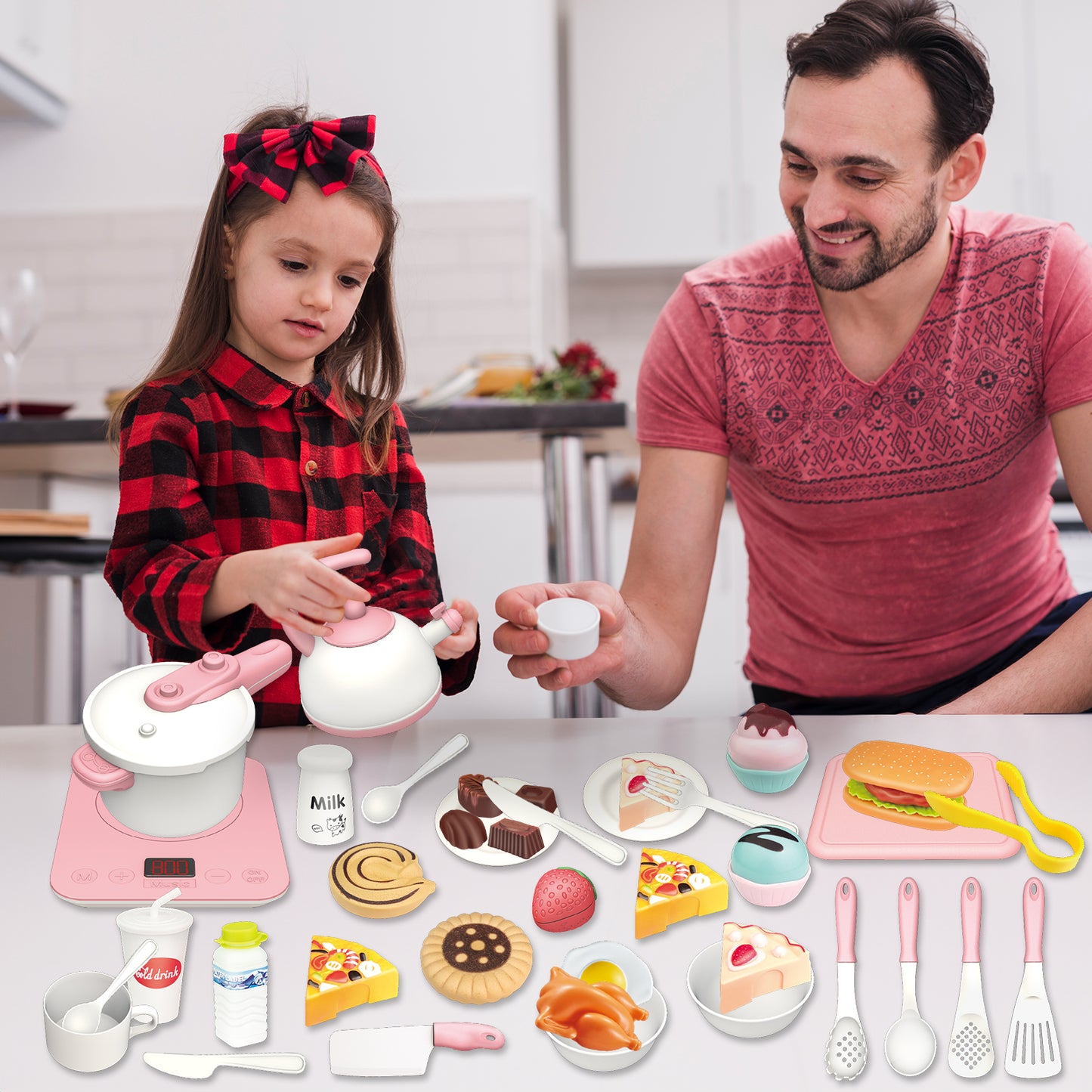 44PCS Pretend Play Kitchen Toys, Play Cooking Set with Induction Cooker, Play Food, Play Dishes Toys Christmas Gift for Girls Boys Kids 3-8 Years