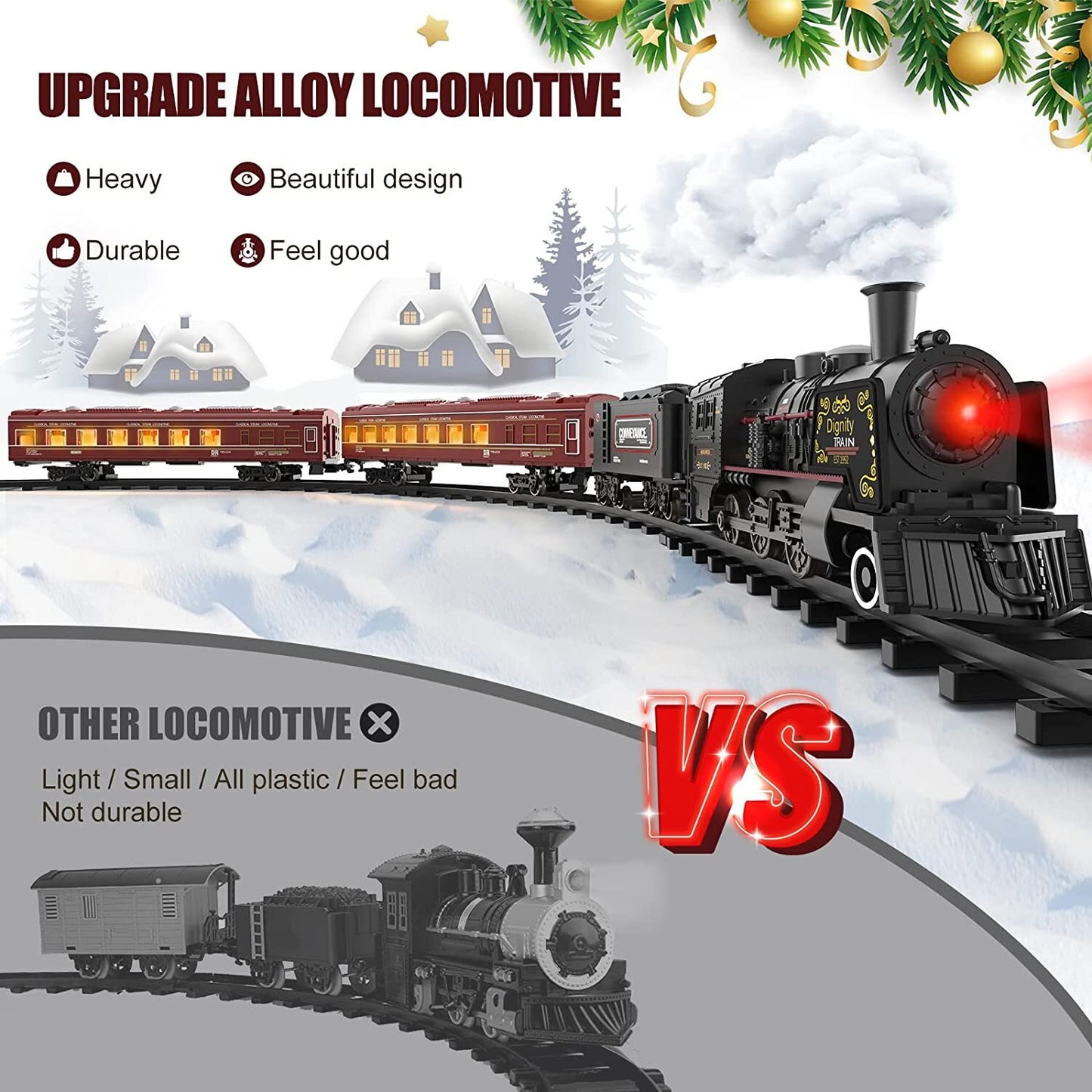 Model Train Set Locomotive for Boys, Metal Alloy Electric Trains w/ Steam, Christmas Train Toys for 3+ Years Old Kids