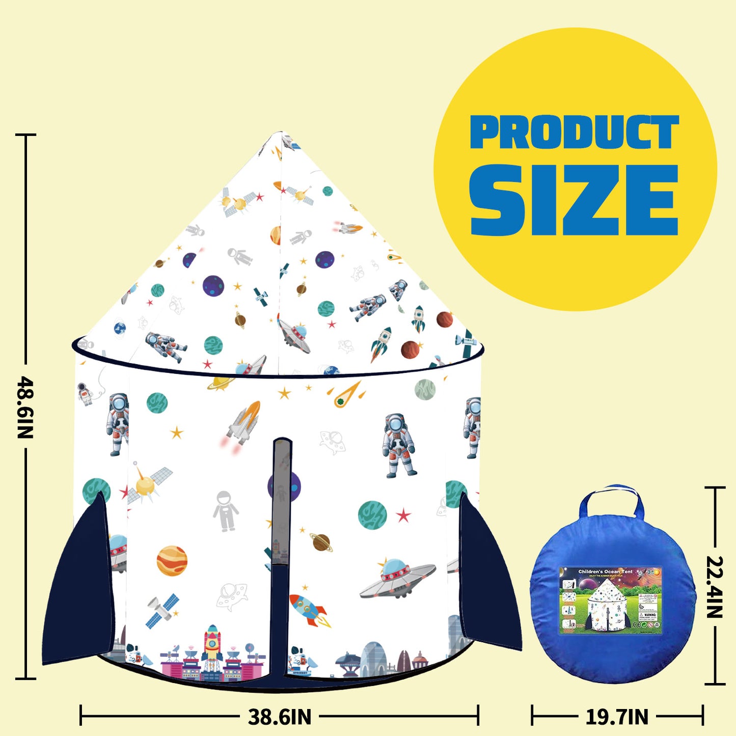 Play Tent for Kids Toddlers- Foldable Indoor & Outdoor Large Playhouse, Astronaut Space Rocket Pattern, Birthday Chritmas Gift for Boys Girls Age 3-8