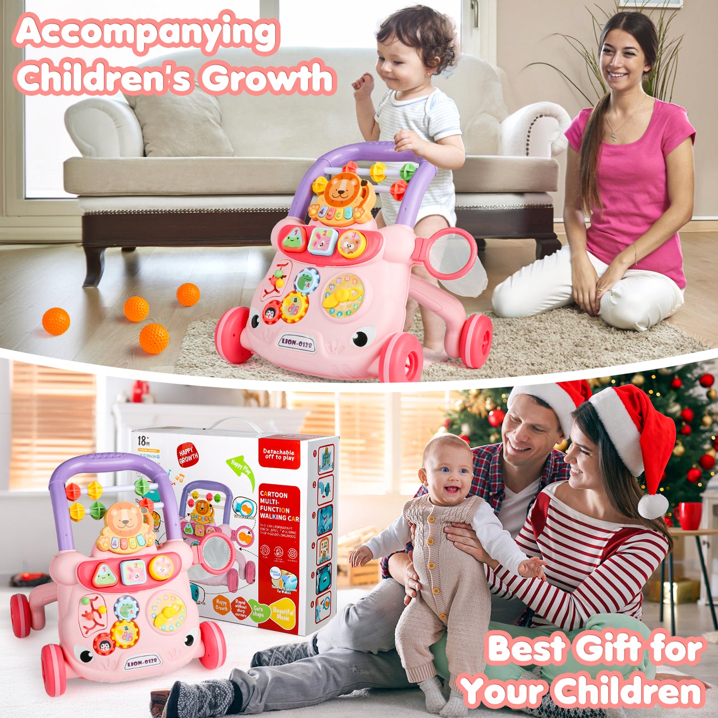 Baby Push Walker Toys, Sit to Stand Toddler Learning Push Toys for 6-18 Months, Baby Walking Toys 6-12 Months,Early Learning Push Toys for Toddlers ,Pink