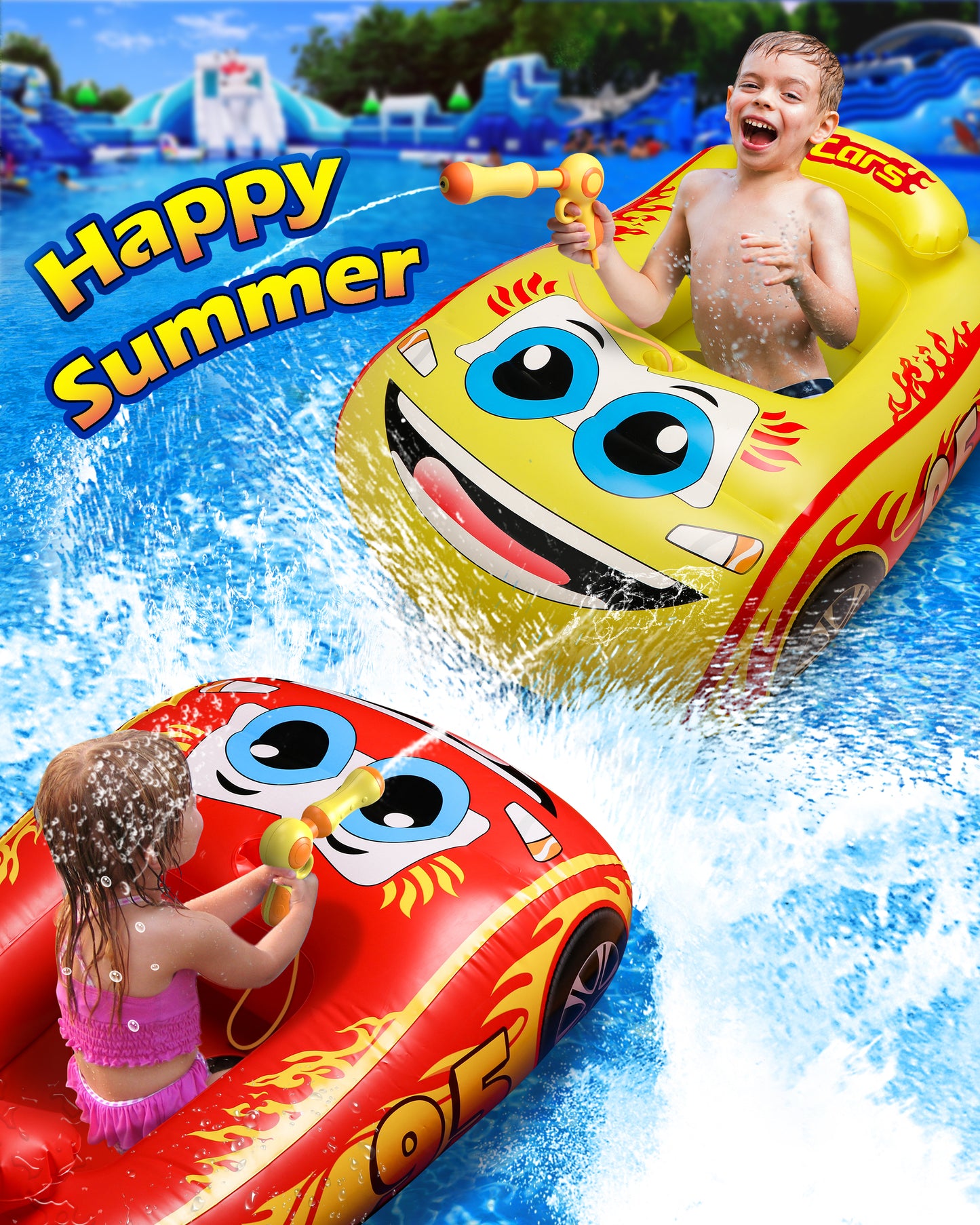 Inflatable Pool Float Kids, Cute Car Boat Floats with Steering Wheel, Summer Toys for Toddler Boys Girls Kids 1-4