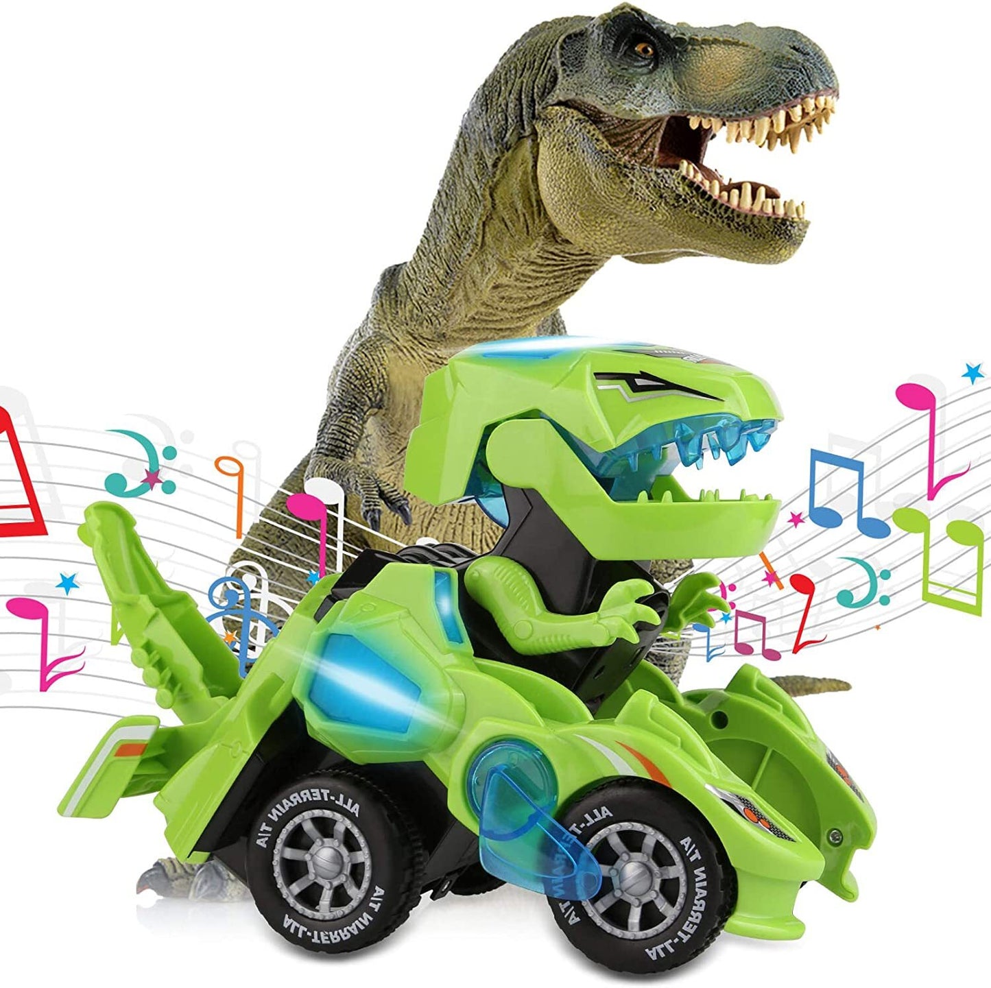 Dinosaur Toys for 3-6 Year Old Boys, Kids Transforming Dinosaur Car with LED Light and Music Gifts for 4-7 Year Old (Green)