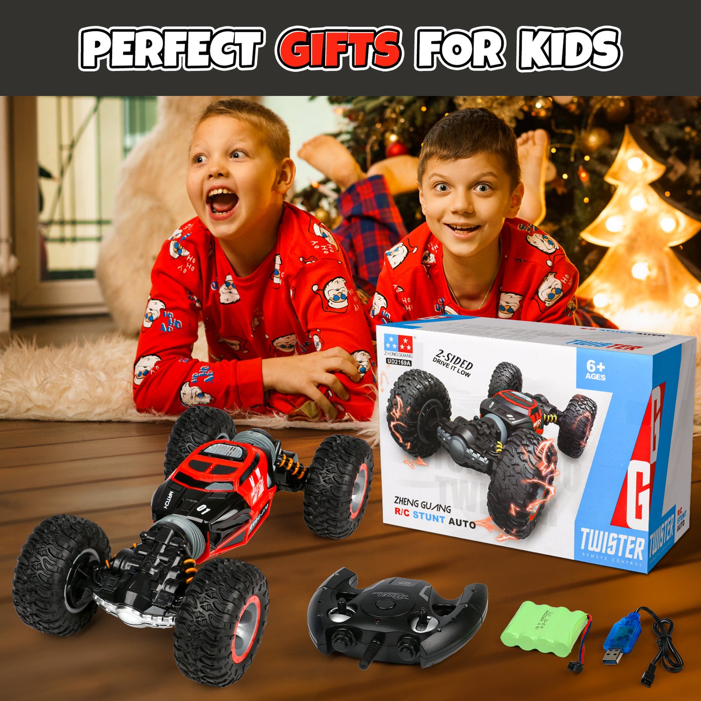 RC Stunt Car for Kids,4WD 360° & Double Sided Rotation Toy Cars for Boys,2.4GHz All-Terrain Dual Mode Twist Remote Control Cars with LED Light Music for Kids Gifts