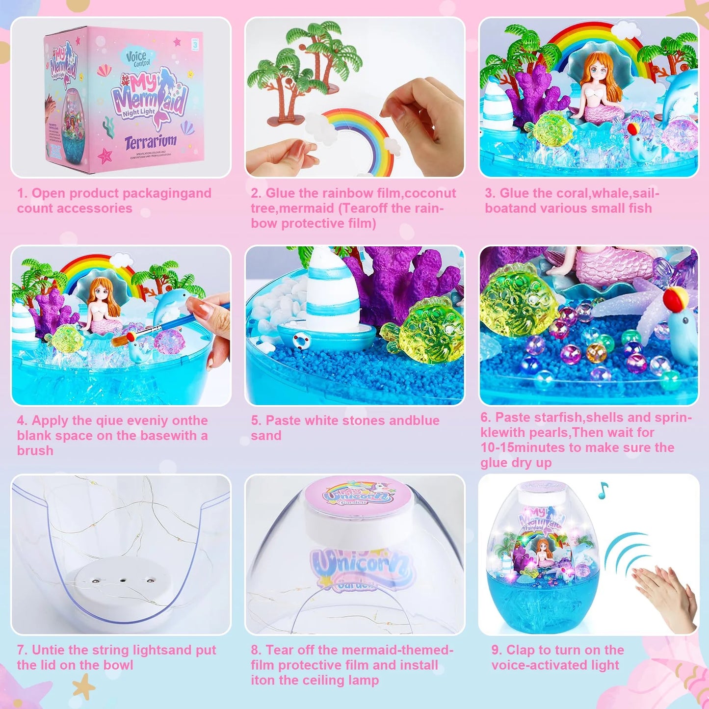 Mermaid Gifts for Girls 3 4 5 6 7+ Years, DIY Mermaid Terrarium Kit for Toddlers Girls, Art& Crafts Kit, Voice Control LED Night Light Birthday Christmas Gift for Kids Ages 3-12.